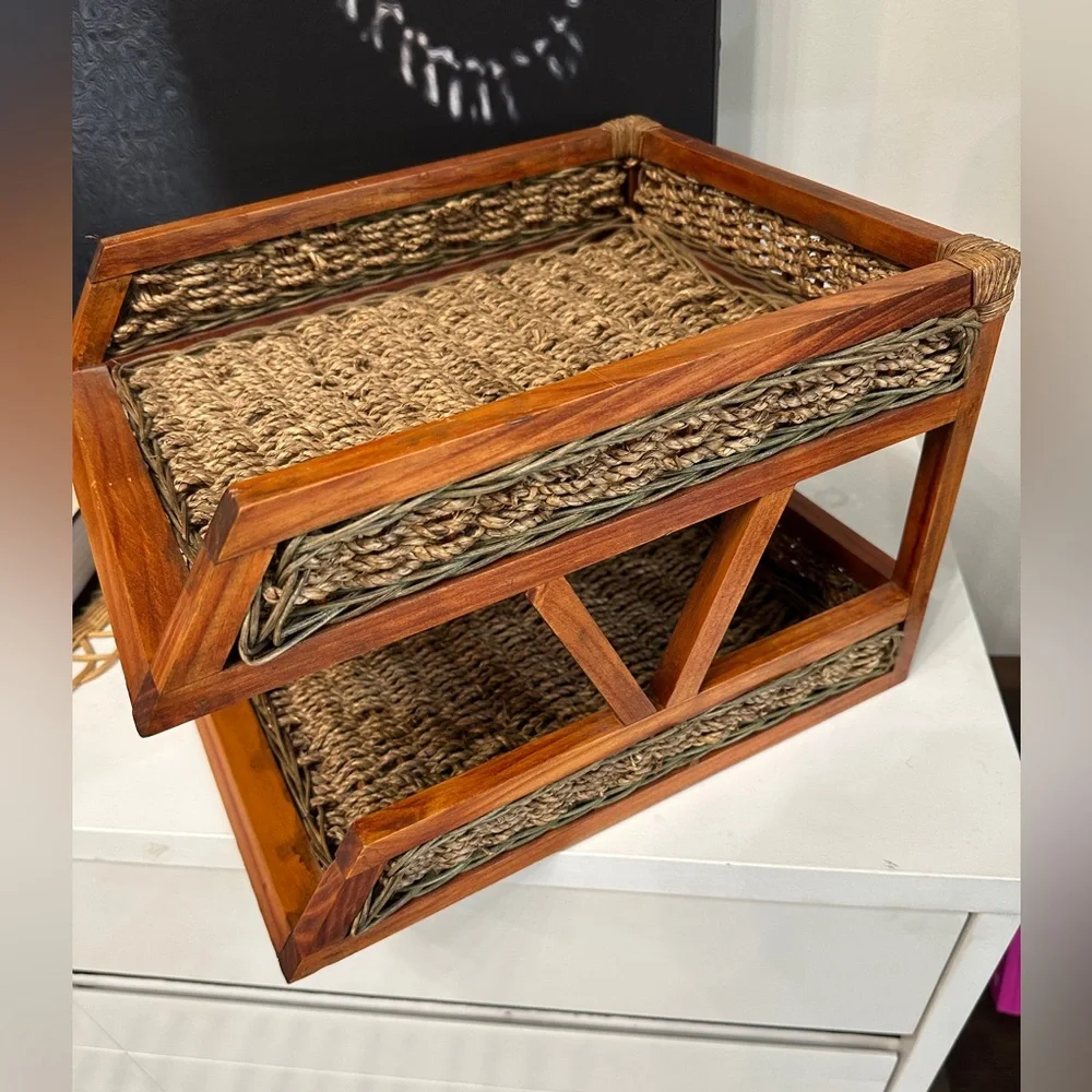 Vintage Tiered Wooden & Rattan Paper Tray or Book Display Holder